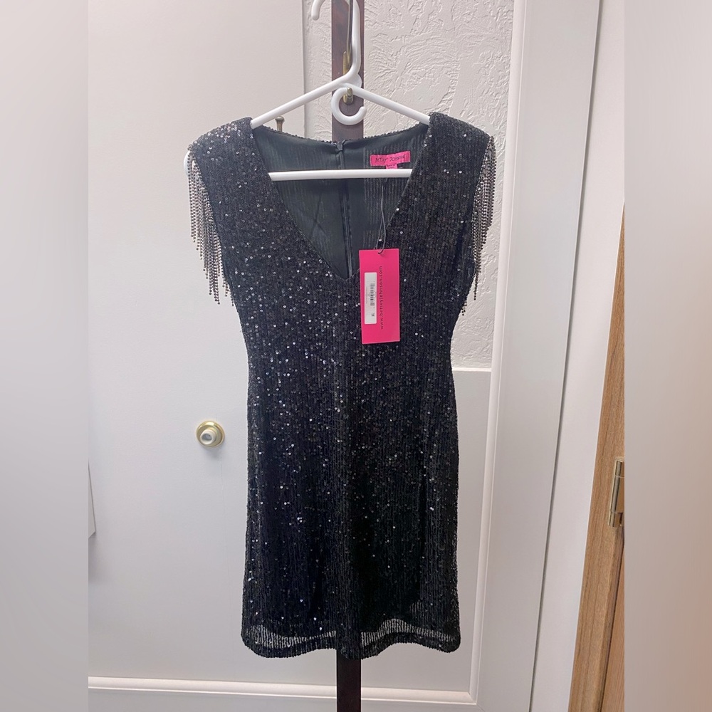 BETSEY JOHNSON Black Sequin Mini Dress (fringe sleeve)